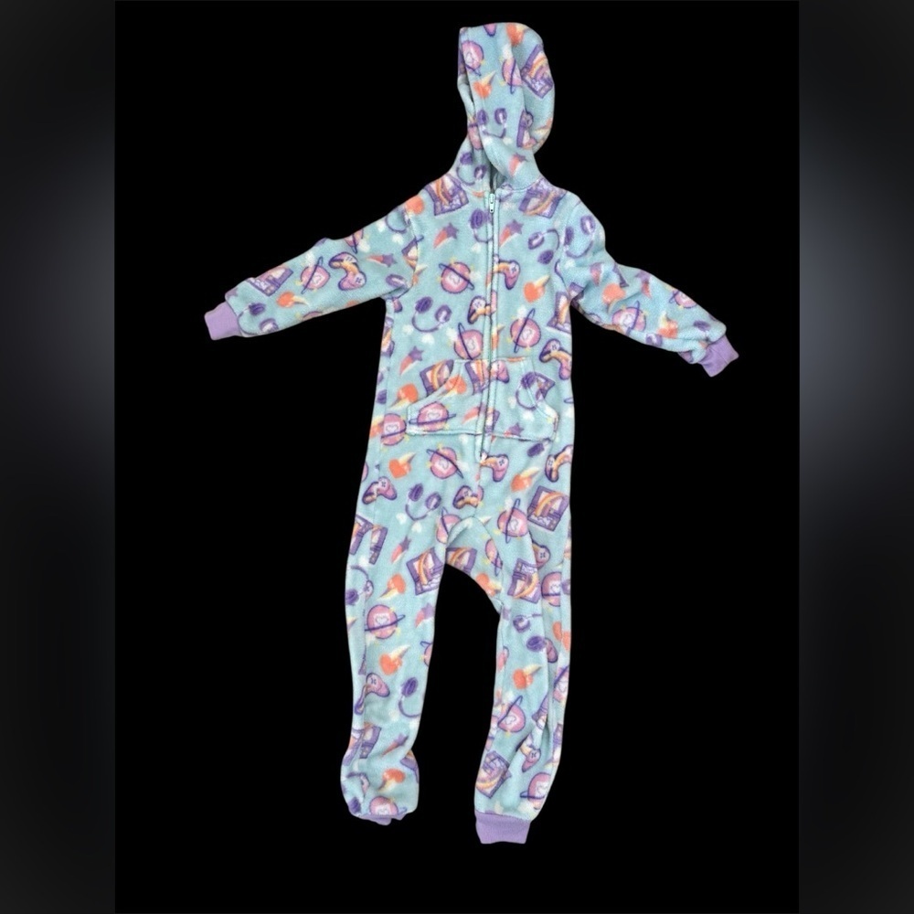 Girls Cat & Jack Open Foot Hooded Fleece Zip-Up Pajamas Video Game Print Sz XS 4